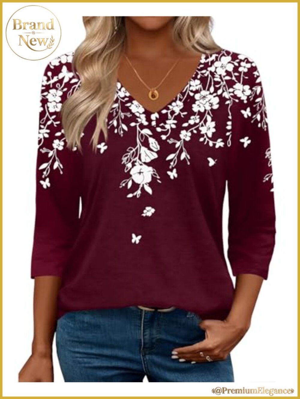 Womens 3/4 Sleeve V-Neck Blouse Tunic Floral Top Polyester Spandex Stretch